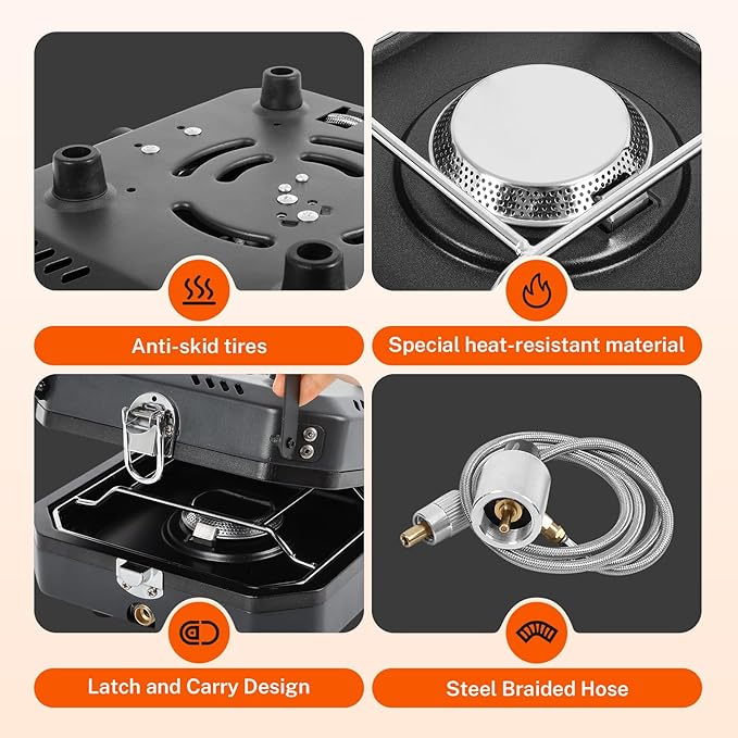 2 Burner Propane Camping Stove With Grill,Portable Foldable Camp Stove With 17000BTU, Two Piezo Ignition Adjustable Windproof Burners forCamping, Grilling, Tailgating, & More (Black)
