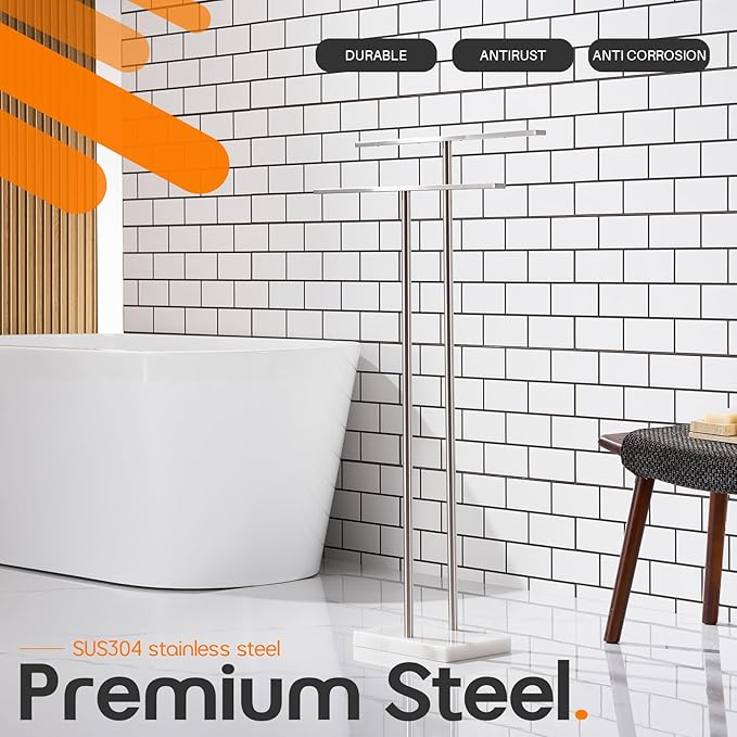 Free Standing Towel Rack Brushed Nickel 2-Tier Towel Holder for Bathroom Floor Stand with Heavy Marble Base Thicken Steady Design Stainless Steel AN7001BR