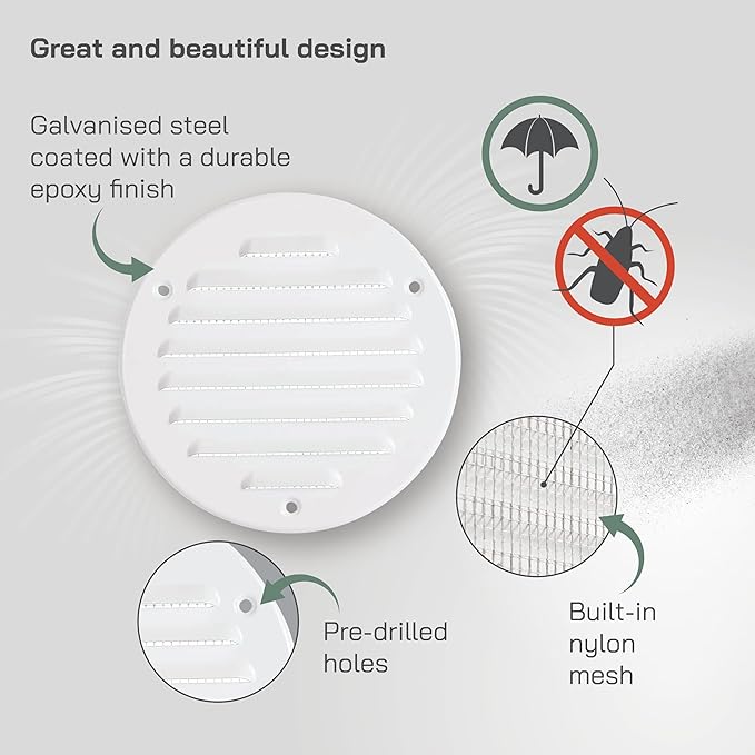 Vent Systems - 4 Inch (Inner) Pack of 2 White Metal Round Soffit Air Vent Grille Cover, Register air Vent Deflector, Louver - Built-in Mesh - HVAC for Bathroom, Home Office, Kitchen 5 Inch (Outer)