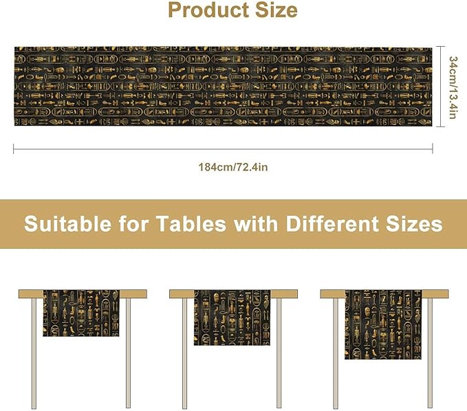 Egyptian Table Runner, Retro Egypt Mythology African Hieroglyphics Alphabet Murals Black Pattern Table Runner for Family Kitchen Coffee Dining Farmhouse Party 13x90in