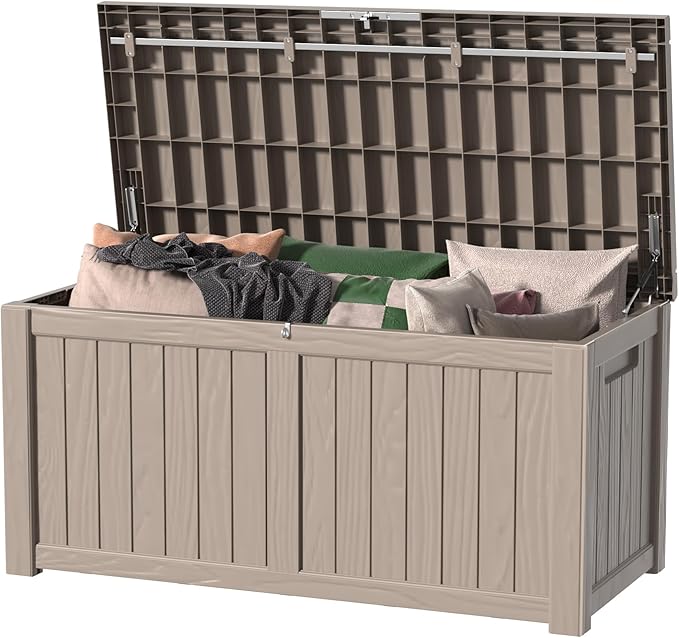 120 GallonOutdoor Storage Box,Resin Deck Boxes Waterproof, IndoorOutdoor Bin for Package Delivery, Patio Cushions, Gardening Tools, Lockable, UV Resistant