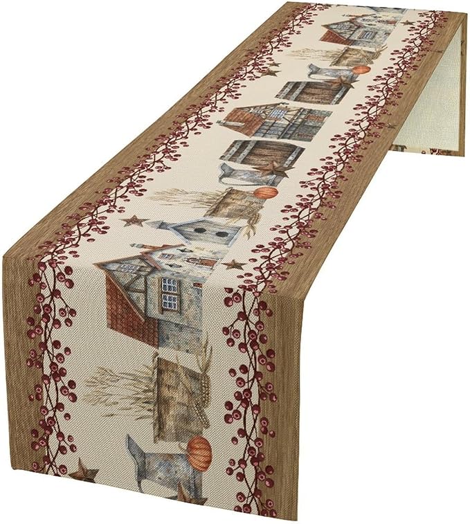 Western Texas Table Runner, Rustic Farmhouse Country Barn Berry Vintage Rural Houses Pumpkin Print Table Runner for Party Picnic Dining Kitchen Table Decor,13x90inch