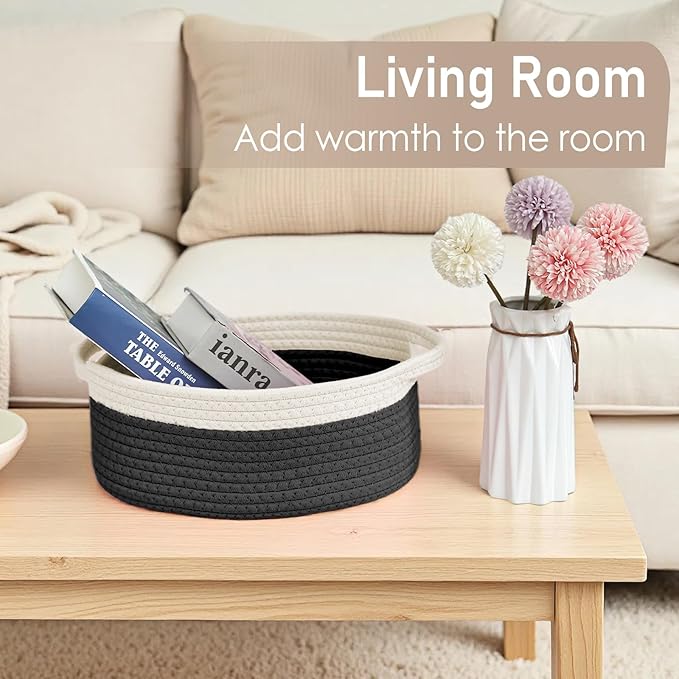 Woven Basket, Small Rope Storage Bin with Handles & Ribbon Bag, Organizer for Shelves Closets,Gift Basket Empty for Birthday,Books,Dog Toys,White&Black/2 Pack
