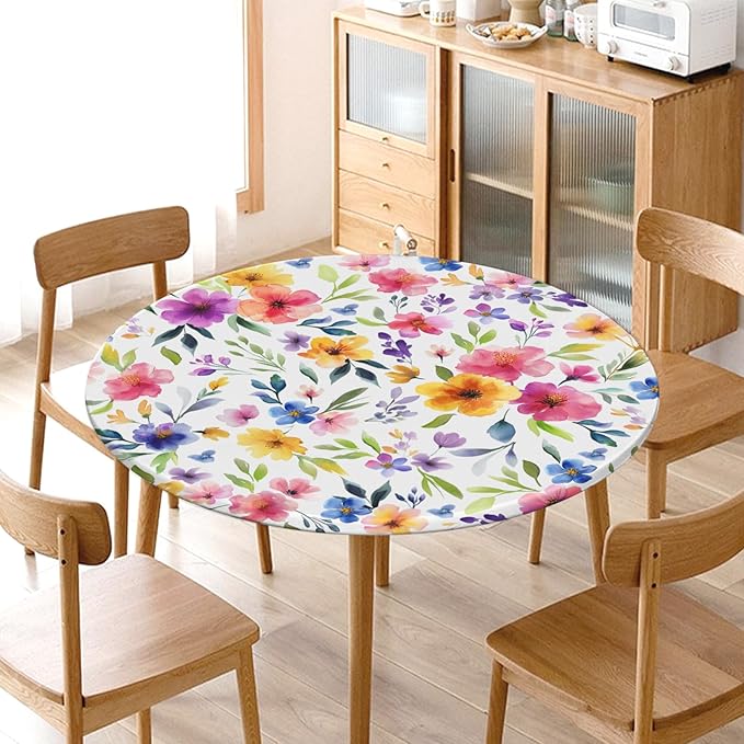 Spring Summer Floral Round Fitted Tablecloth with Elastic Watercolor Flower Outdoor Circle Table Cloth for 44-48" Tables Colorful Stretch Waterproof Washable Table Cover for Picnic Dining Party Decor
