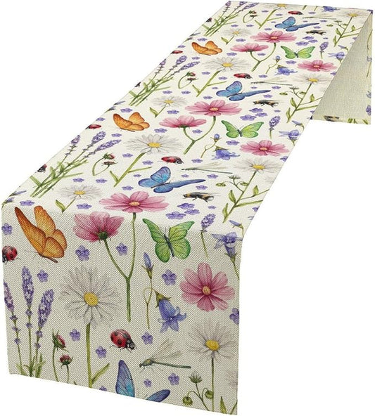 Flower Floral Table Runner, Butterfly Wildflowers Daisy Spring Summer Rustic Table Runner for Farmhouse Holiday Kitchen Dining Outdoor Home Party 13x90in