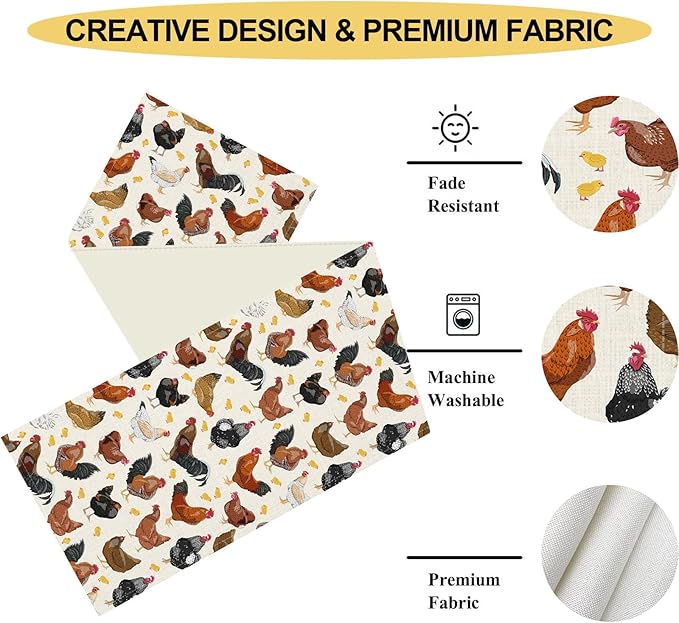 Farmhouse Rooster Table Runner, Rustic Farm Animals Cow Pig Chicken Coffee Table Center Decor for Home Kitchen Dining Patio Holiday Party Indoor Outdoor Table Decorations, 13"x36" Inch