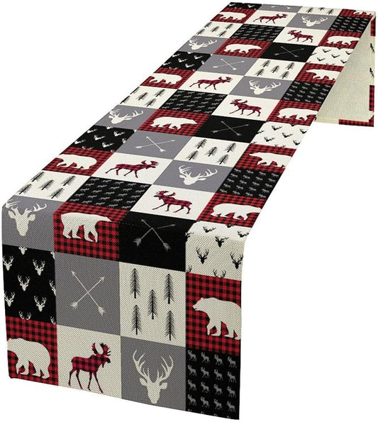 Farmhouse Bear Deer Table Runner, Retro Rustic Village Buffalo Plaid Table Runner for Coffee Table Dining Room Table Bedroom Party Holiday 13x70in