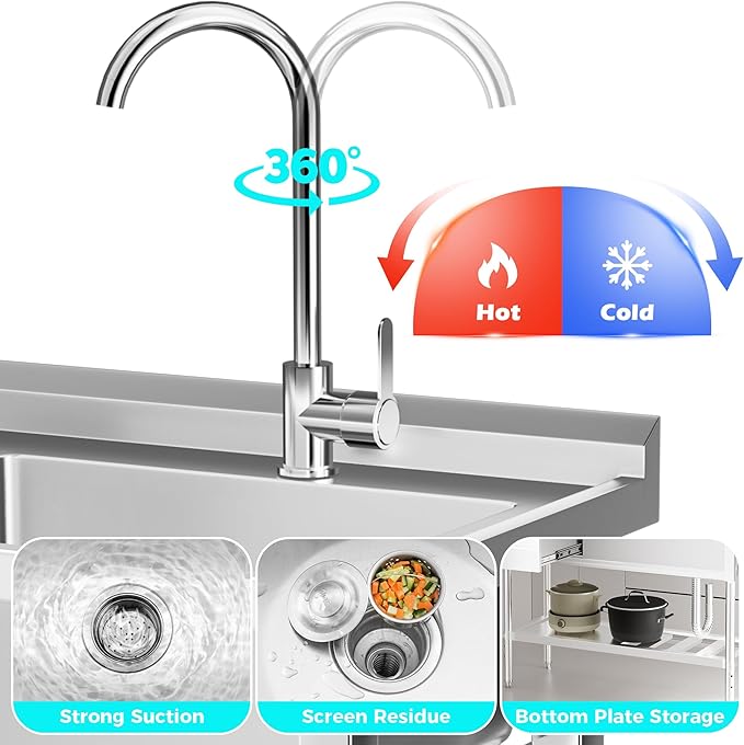 WOEDEN 47" 304 Stainless Steel Sink, Free-Standing Commercial Sink with Workbench, Drawer Storage & Hot/Cold Water Pipes for Laundry, Farmhouse & Outdoor Use