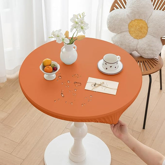 Fall Round Fitted PU Tablecloth with High Elastic Edge 63 Inch Dia Waterproof Oil Proof Table Cloth Anti-Scald Stain-Resistant Wipeable Table Cover for Indoor Outdoor Picnic (Orange,63" Dia)