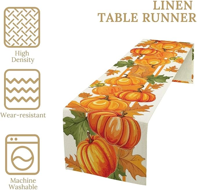 Fall Pumpkin Table Runner, Autumn Orange Maple Leaves Print Table Runner for Thanksgiving Harvest Holiday Indoor Outdoor Table Decoration, 13x90inch