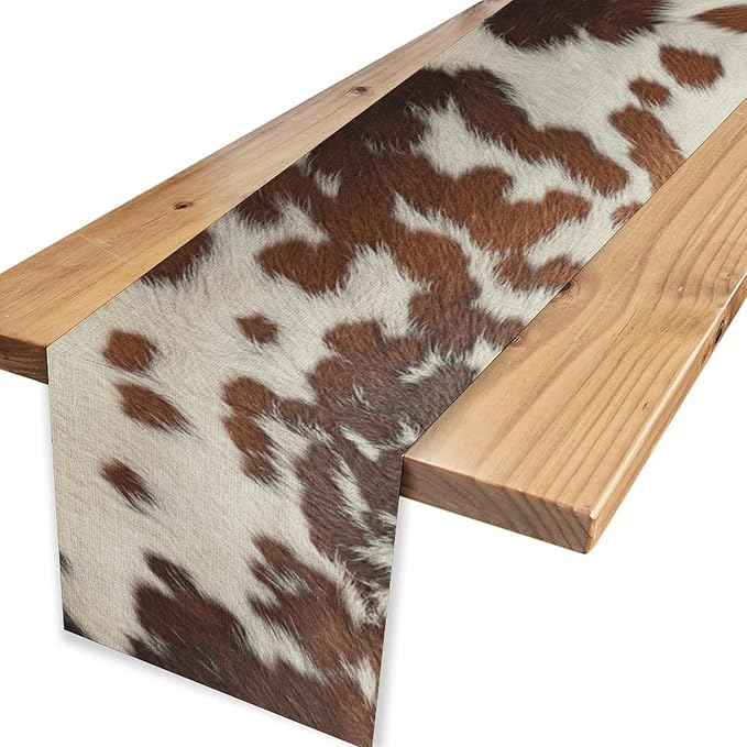 Cow Print Table Runner, Brown Cowhide Print Western Style Table Runner Country Farmhouse Cottage Cow Pattern Linen Table Decoration for Home Kitchen Dining 13x36