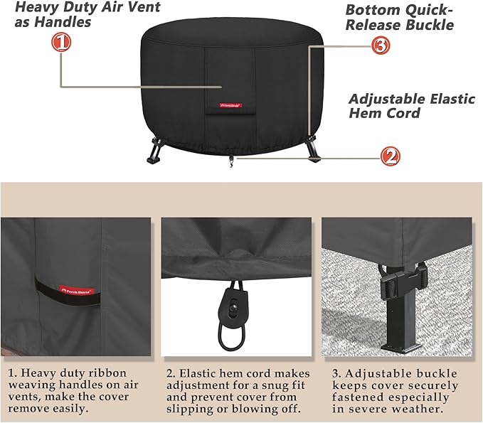 Porch Shield Fire Pit Cover - Waterproof 600D Heavy Duty Fade Resistant Round Patio Fire Bowl Cover Black - 48 inch