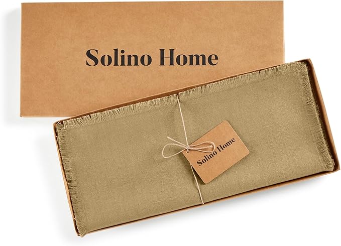 Solino Home Fringe Linen Table Runner 108 Inches Long - 100% Pure Linen Kelp Dining Table Runner 14 x 108 Inch for Spring - Handcrafted and Machine Washable