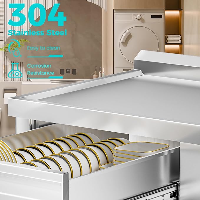WOEDEN 47" 304 Stainless Steel Sink, Free-Standing Commercial Sink with Workbench, Drawer Storage & Hot/Cold Water Pipes for Laundry, Farmhouse & Outdoor Use