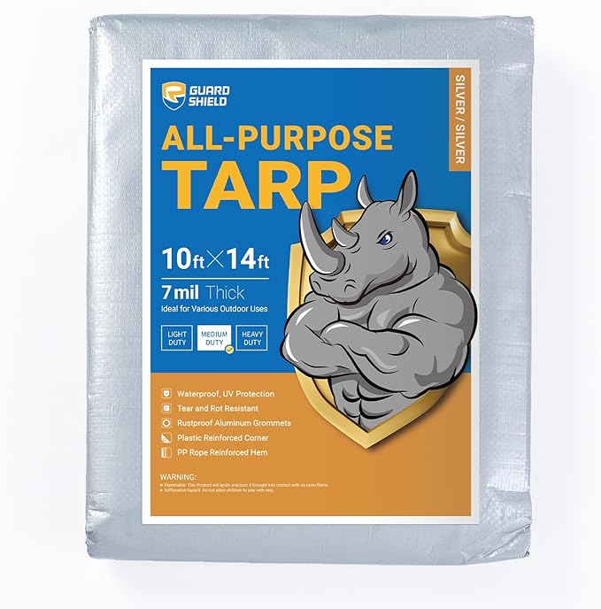GUARD SHIELD Silver Tarp Waterproof 10x14 Feet Medium Duty All Purpose Poly Tarps Cover 7mil