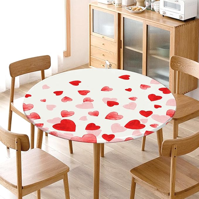 Valentines Day Round Fitted Tablecloth with Elastic Pink Red Love Heart Circle Table Cloth for 40-44" Round Tables Wipeable Waterproof Washable Valentine Table Cover for Picnic Dining Party Decor