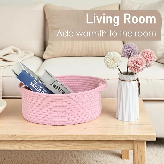 Woven Basket,Small Rope Storage Bin with Handles & Ribbon Bag, Organizer for Shelves Closets,Gift Basket Empty for Birthday,Books,Dog Toys, Pink