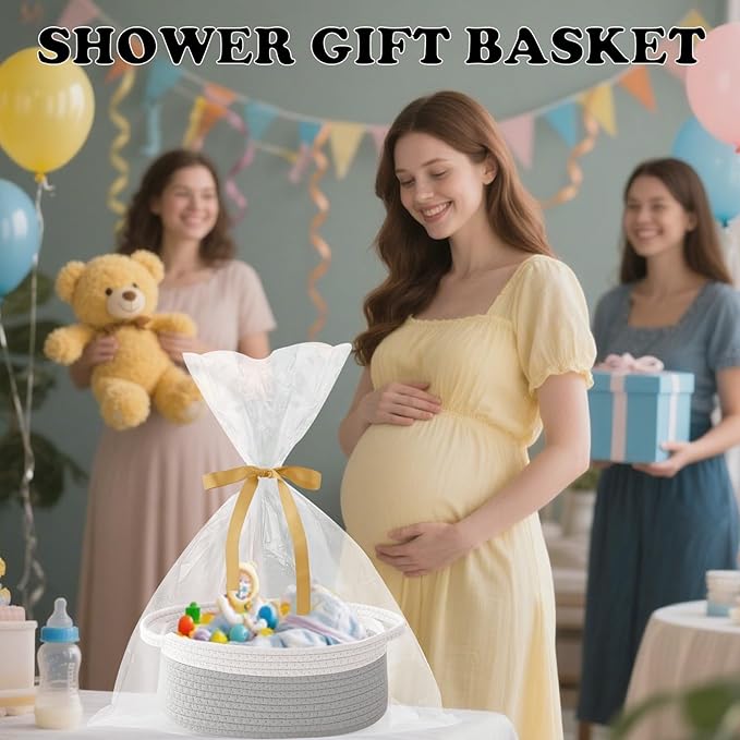 2 Pack Gift Basket with Gift Bag and Ribbons,Small Rope Woven Shelf Storage,Baskets for Gifts Empty,Birthday,Baby Shower,Decorative Organizer Box with Handles(White&Grey)