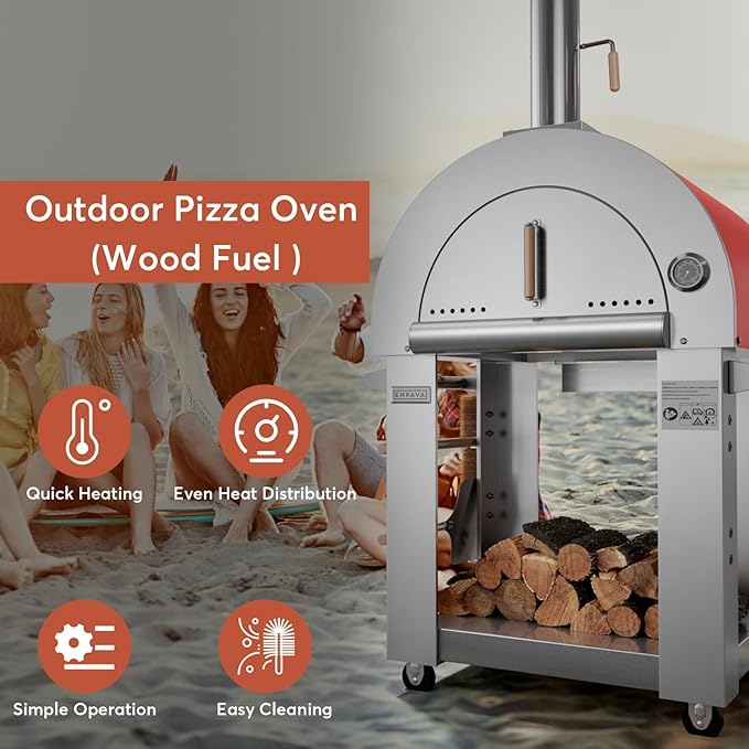 Empava Pizza Oven with Open Shelf and Wheels for Outdoor Kitchen, Wood Fire for Grill & Camping Backyard Party in Stainless Steel, 38.6Inch, Italian Red