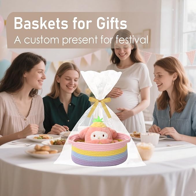 Woven Basket,Small Rope Storage Bin with Handles & Ribbon Bag, Organizer for Shelves Closets,Gift Basket Empty for Birthday,Books,Dog Toys, Rainbow