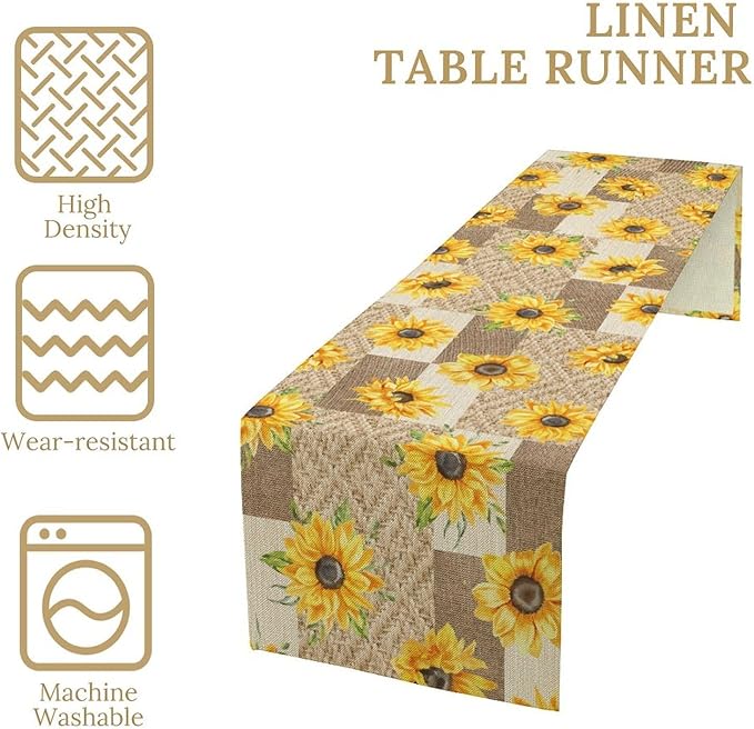 Farmhouse Sunflower Table Runner, Rustic Vintage Linen Patchwork Summer Yellow Floral Table Cover for Bithday Party Home Kitchen Dining Room Decor, 13x90inch