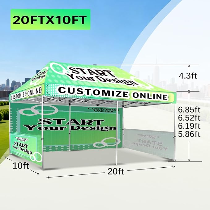 10x20FT Custom Pop Up Canopy Tent with Logo Personalized Trade Show & Event Heavy Duty Aluminum Folding Tent for Outdoor Markets, Business Branding Advertising (Top Canopy + 3 Full Walls)