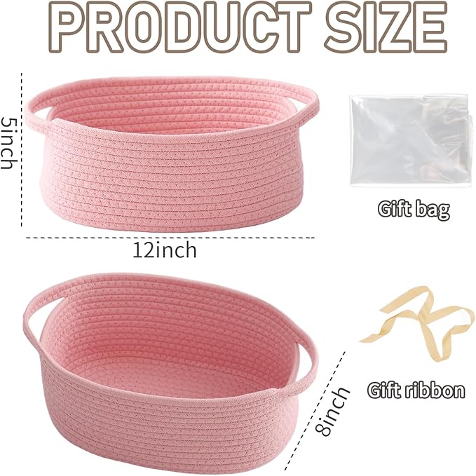 Woven Basket,Small Rope Storage Bin with Handles & Ribbon Bag, Organizer for Shelves Closets,Gift Basket Empty for Birthday,Books,Dog Toys, Pink/3 Pack