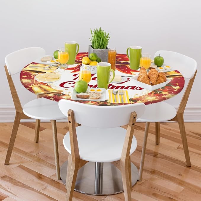 Merry Christmas Bell Bow Round Table Cloth Cover, Elastic Edge Waterproof Wipeable Tablecloths 36"-42" Polyester Tablecloth for Party Restaurant Banquet Holiday Camping Outdoor Picnic