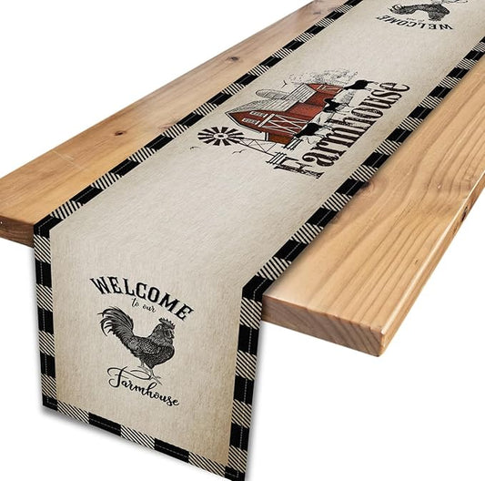 Farm Animals Table Runner, Rustic Farmhouse Cow Pig Rooster Watercolor Coffee Table Center Decor for Home Kitchen Dining Patio Holiday Party Indoor Outdoor Table Decorations, 13"x108" Inch