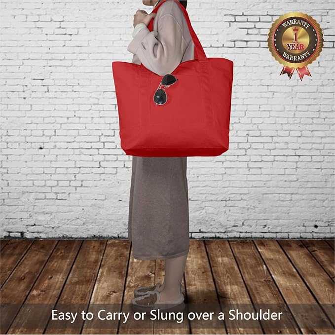 TOPDesign 6-Pack Canvas Tote Bags with an External Pocket, Reusable Grocery Shopping Bags, Top Zipper Closure, Daily Essentials (Red)