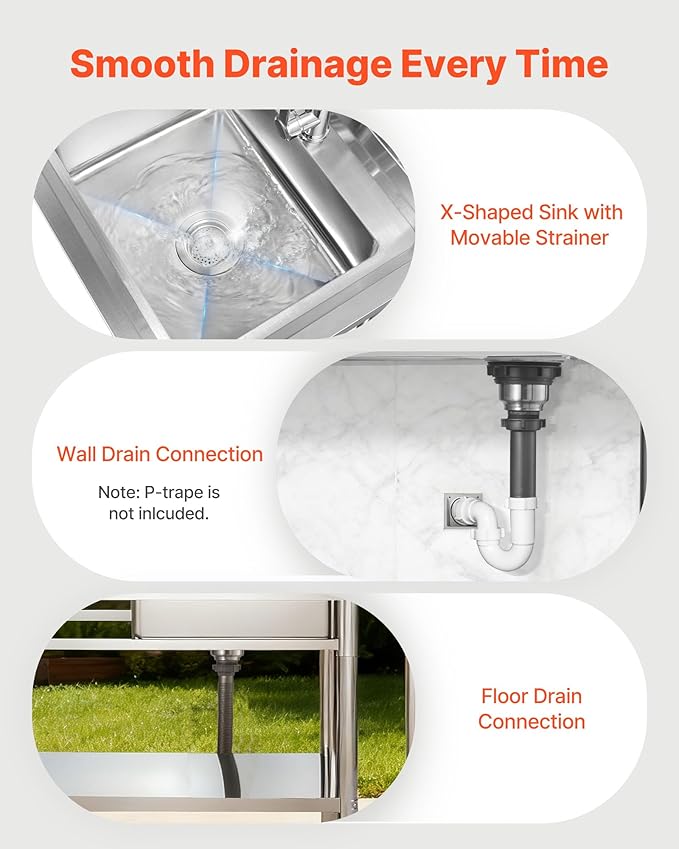 VEVOR Stainless Steel Utility Sink, Free Standing Single Bowl Commercial Kitchen Sink with Faucet, Utility Left Basin Workbench with Hot & Cold Water Pipe for Garage Restaurant Laundry, 47x19.7x37 in