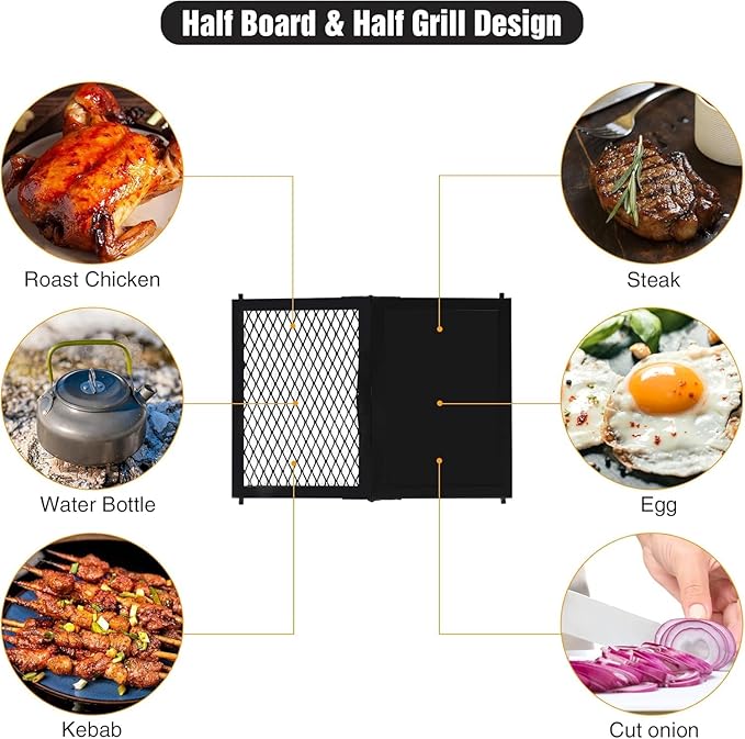 Folding Campfire Grill Grate, Portable Heavy Duty Steel Mesh Over Fire Camp Grill, Camp Fire Cooking Equipment with Legs & Carrying Bag, Grilling Rack for Outdoor BBQ Picnic