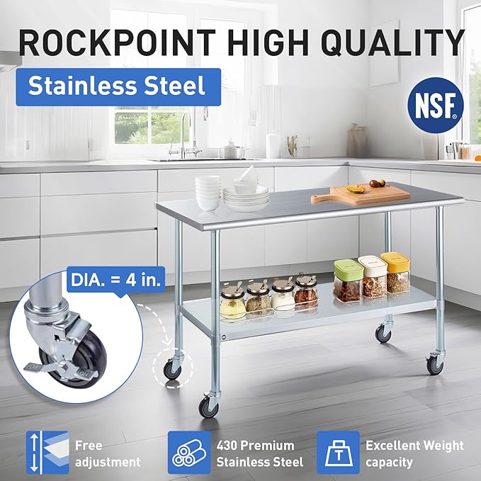 ROCKPOINT Stainless Steel Table for Prep & Work with Caster Wheels 18x48 Inches, NSF Metal Commercial Kitchen Heavy Duty Table with Adjustable Under Shelf and Table Foot for Restaurant, Home and Hotel