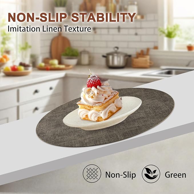 Round Faux Leather Placemats and Coasters, Set of 4, Reversible Heat Resistant Non-Slip Table Mats, Waterproof Wipeable Place Mats for Dining Table, Washable for Indoor & Outdoor (4, Dark Brown)
