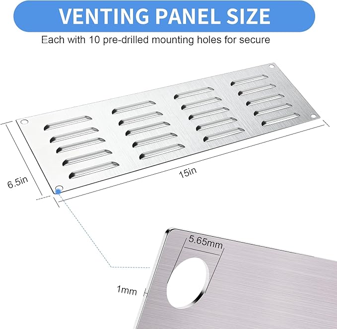 2 Pack Stainless Steel Venting Panel for BBQ Grill Accessory, 15x6.5 Inch (20-Slots), 304 Grade Metal Vent Cover for Masonry Fire Pits & Outdoor Kitchens, Weather Resistant, 15" by 6-1/2"