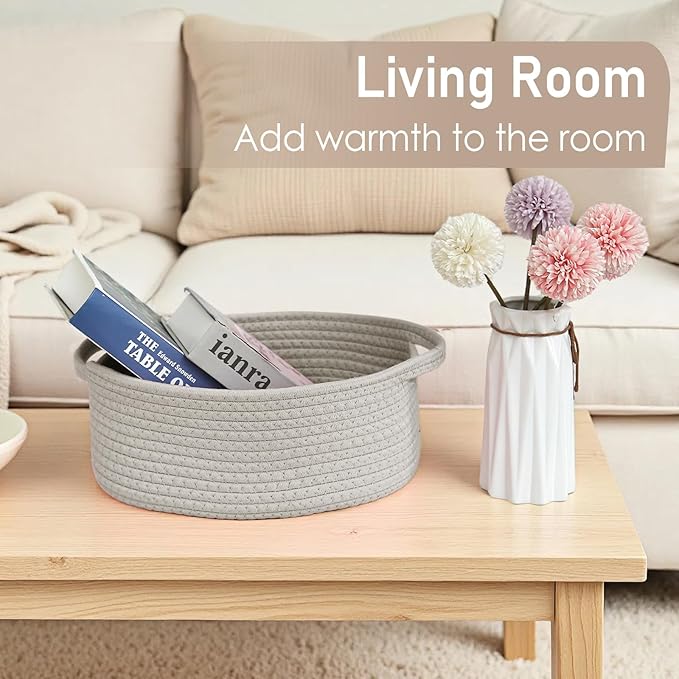 Woven Basket,Small Rope Storage Bin with Handles & Ribbon Bag, Organizer for Shelves Closets,Gift Basket Empty for Birthday,Books,Dog Toys, Grey/2 Pack