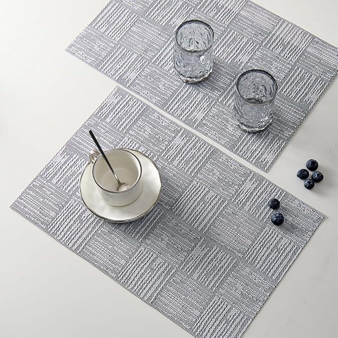 Placemats Set of 8, Plastic Vinyl 18" x 12" Place Mats for Dinner Table, No-Slip Wipeable Table Mats Daily Use Patio Kitchen Decoration (White Mix Black)
