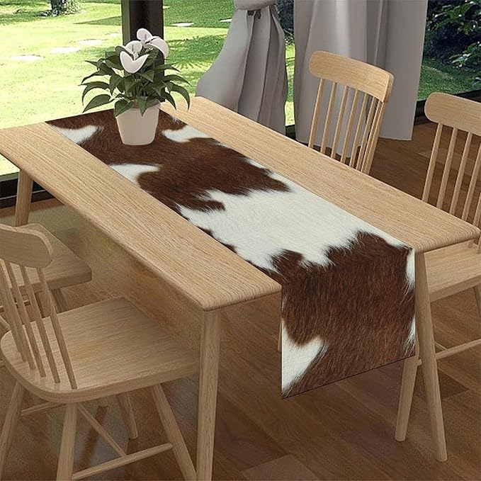 Cow Print Table Runner, Brown Cowhide Print Western Style Table Runner Country Farmhouse Cottage Cow Pattern Linen Table Decoration for Home Kitchen Dining 13x72