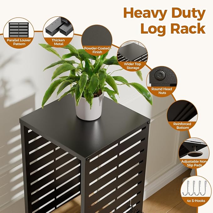 4ft Firewood Rack Outdoor, Fire Wood Holder Log Storage Rack with Parallel Louver Pattern Hooks Adjustable Feet, Firewood Stacker for Indoor Patio Balcony Black