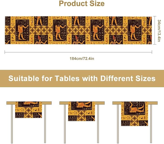 Retro Egypt Table Runner, Vintage Egyptian Gods Ancient Egyptian Hieroglyphs Table Runner for Kitchen Family Dining Holiday Party 13x36in
