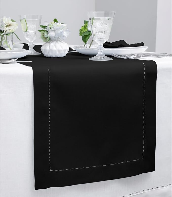 Solino Home Linen Black Table Runner 72 Inches Long - 100% Pure Linen Hemstitch Table Runner 14 x 72 Inch for Dresser, Dining, Spring, Easter - Classic Hemstitch