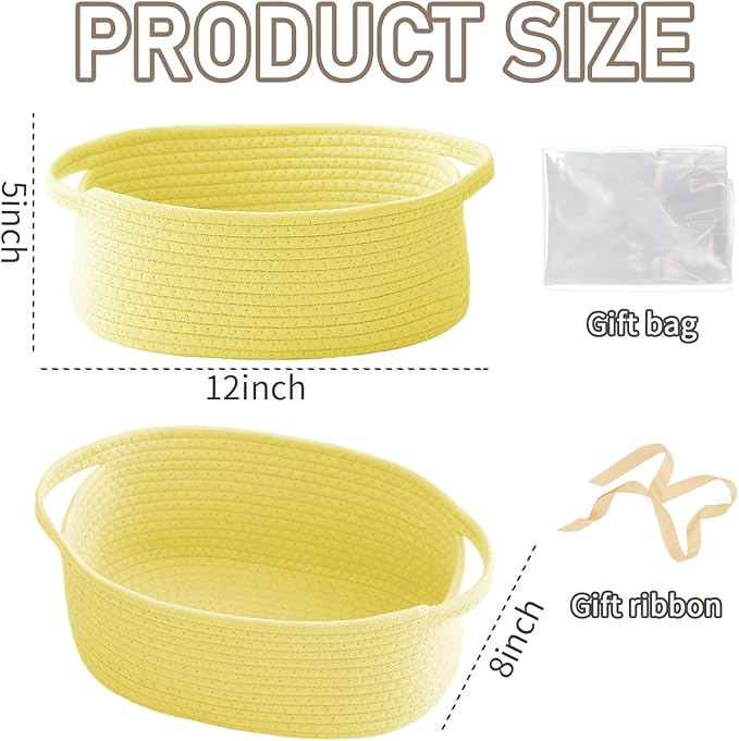 Woven Basket,Small Rope Storage Bin with Handles & Ribbon Bag, Organizer for Shelves Closets,Gift Basket Empty for Birthday,Books,Dog Toys, Yellow