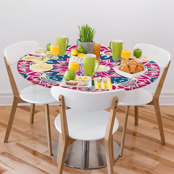 Beautiful Flower Mandala Round Table Cloth Cover, Elastic Edge Waterproof Wipeable Tablecloths 36"-42" Polyester Tablecloth for Party Restaurant Banquet Holiday Camping Outdoor Picnic