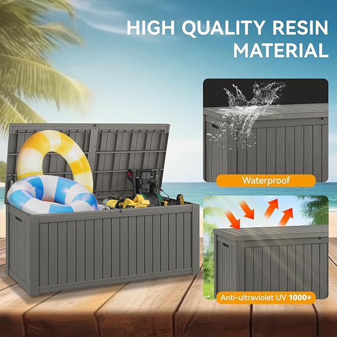 NUNU LAB 220 Gallon Outdoor Storage Box Waterproof, Outside Package Delivery Deck Boxes with Lockable Lid, Backyard Storage Bin For Garden Tools, Patio Cushions, Gray