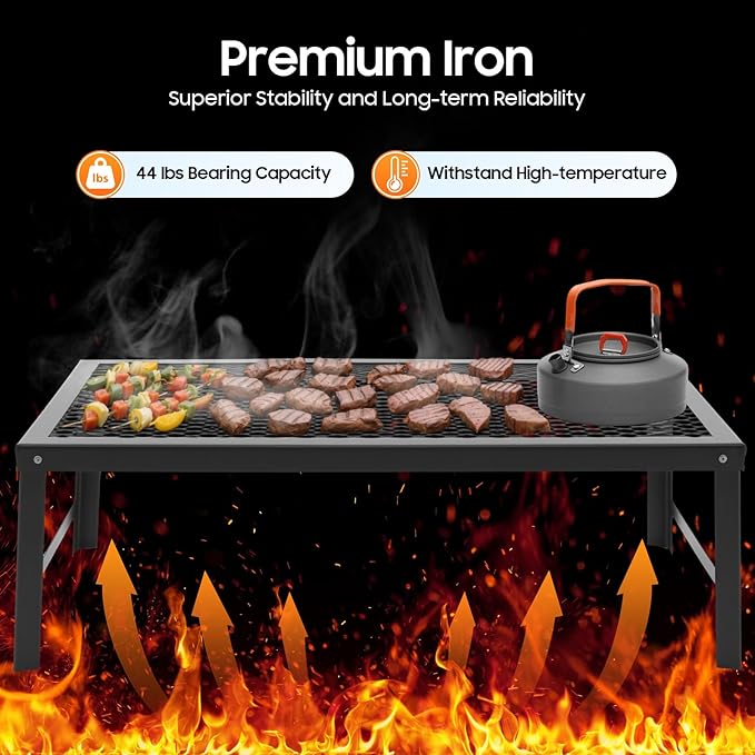 Folding Campfire Grill, 21.7in x 11.8in Portable Over Fire Camp Grill with Legs, Fire Pit Cooking Grate Barbecue Griddle Plate, Campfire Cooking Equipment for Outdoor Barbecue, Picnic, Camping
