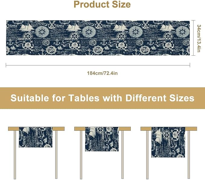 Marine Ship Table Runner, Nautical Pattern Seasonal Farmhouse Sea Rustic Kitchen Dining Table Decoration for Holiday Home Party Festival 13x70in