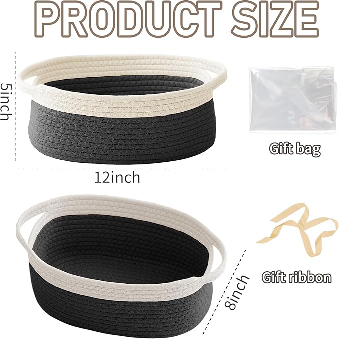 Woven Basket, Small Rope Storage Bin with Handles & Ribbon Bag, Organizer for Shelves Closets,Gift Basket Empty for Birthday,Books,Dog Toys,White&Black/2 Pack
