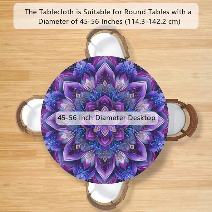 Mandrake Purple Blue Flower Round Table Cloth Cover, Elastic Edge Waterproof Wipeable Tablecloths 45"-56" Polyester Tablecloth for Party Restaurant Banquet Holiday Camping Outdoor Picnic