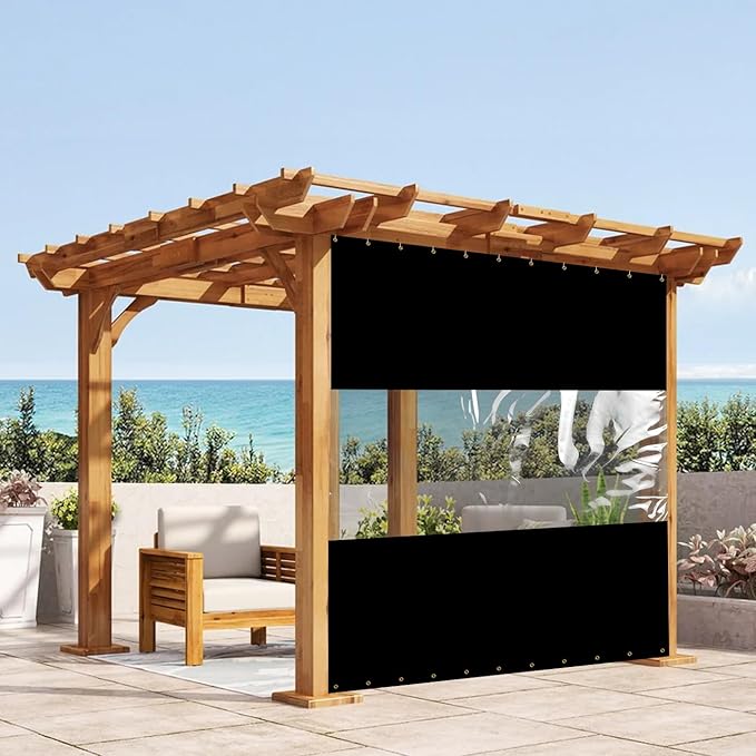 Covers & All Outdoor Clear Panel Curtain, 12 oz Vinyl Outdoor Curtains for Patio, Weather Resistant Waterproof Tarp with Brass Grommets for Pergola, Porch, Gazebos, Balcony (7'H x 15'W Feet, Black)