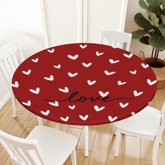 Valentines Day Round Fitted Tablecloth with Elastic Red White Love Heart Circle Table Cloth for 48-52" Round Tables Stretch Waterproof Washable Valentine Table Cover for Picnic Dining Party Decor